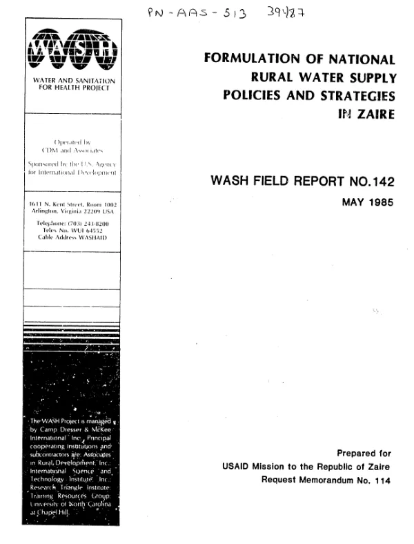 Formulation of national rural water supply policies and strategies in Zaire
