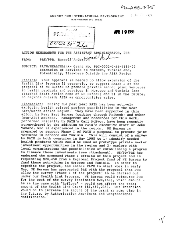 Action memorandum for the Assistant Administrator, PRE [: PATH/health link [i.e. HEALTHlink] - grant no. PDC-0002-G-SS-4184-00 extension of services to Morocco, Tunisia and, potentially, elsewhere outside the Asia region]