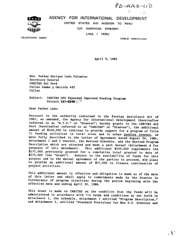 AID grant amendment to CARITAS del Peru for a program of Title II feeding activities in rural areas and in urban pueblos jovenes
