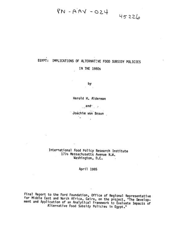 Egypt : implications of alternative food subsidy policies in the 1980s