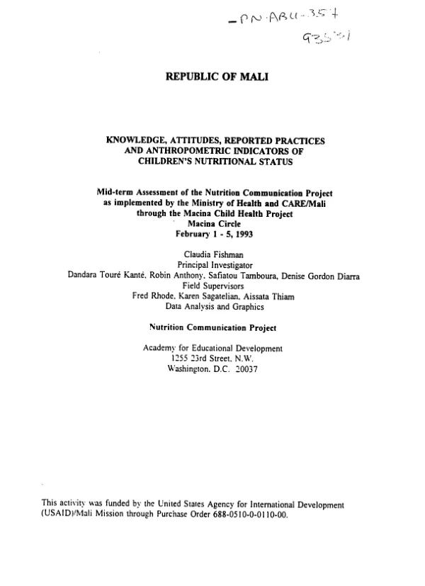 Republic of Mali : knowledge, attitudes, reported practices and anthropometric indicators of children's nutritional status -- mid-term assessment of nutrition communication project as implemented by the Ministry of Health and CARE/Mali through the Macina child health project
