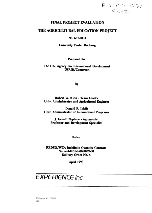 Final project evaluation : the agricultural education project, no. 631-0031 -- University Center Dschang
