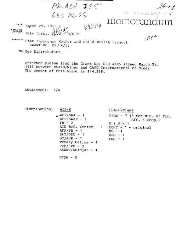 AID grant no. DRU 4/85 to CARE to provide mother and child health services in Niger