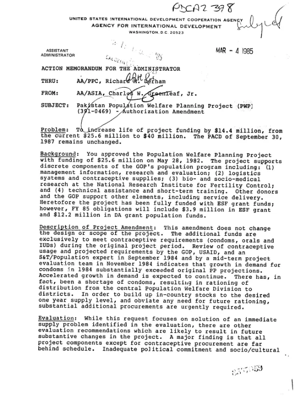 Pakistan population welfare planning project (PWP) : authorization amendment