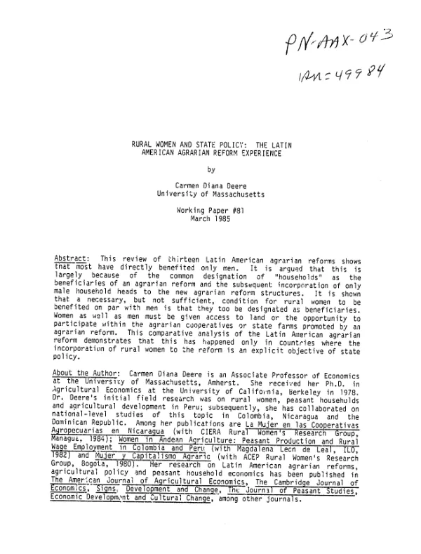 Rural women and state policy : the Latin American agrarian reform experience