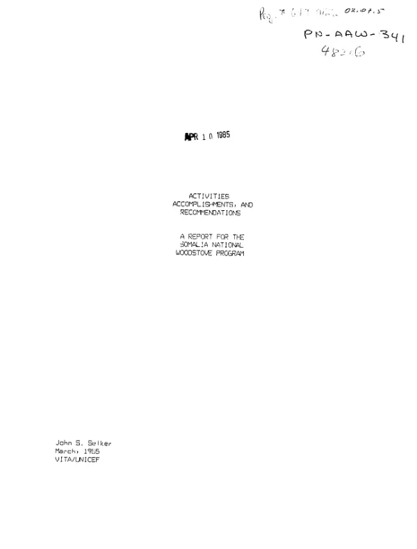 Activities accomplishments, and recommendations : a report for the Somalia national woodstove program