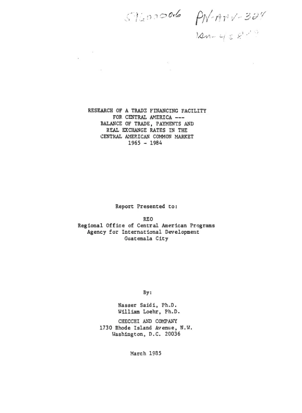 Research of a trade financing facility for Central America : balance of trade, payments and real exchange rates in the Central American Common Market, 1965-1984