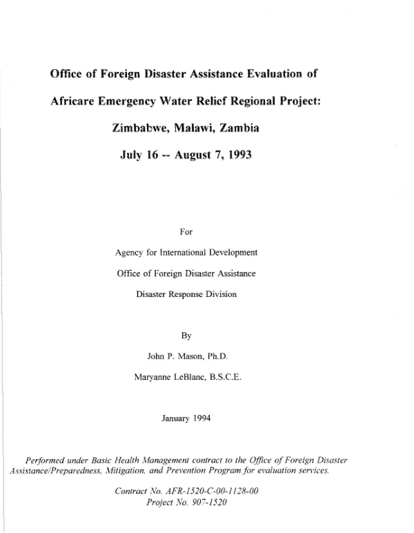 Office of Foreign Disaster Assistance evaluation of Africare emergency water relief regional project : Zimbabwe, Malawi, Zambia - July 16-August 7, 1993