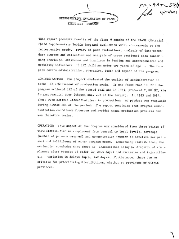 Proyecto de evaluacion y mejoramiento del PAAMI. PEMPAMMI. : informe del estudio retrospectivo