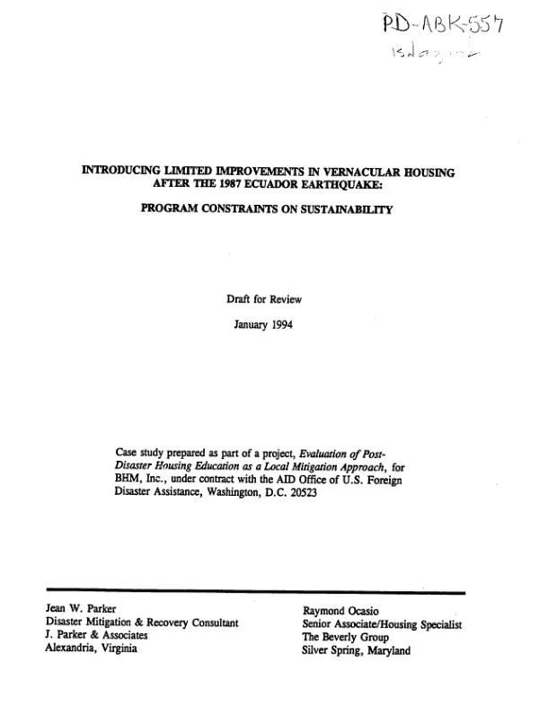 Introducing limited improvements in vernacular housing after the 1987 Ecuador earthquake : program constraints on sustainability
