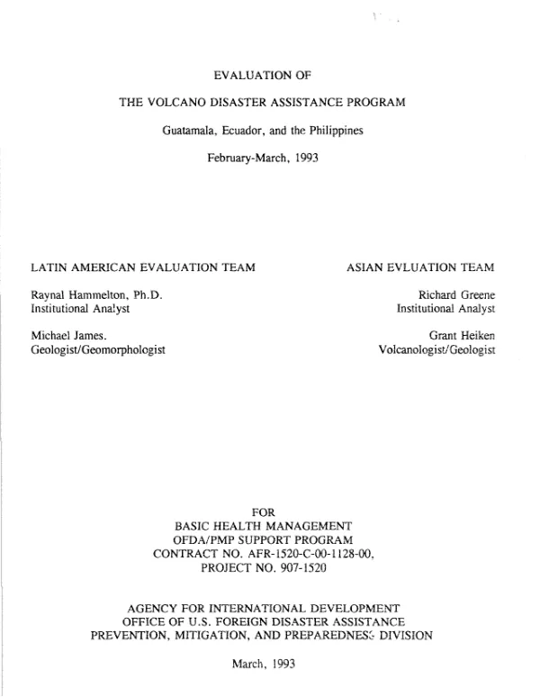 Evaluation of the volcano disaster assistance program [VDAP] : Guatemala, Ecuador, and the Philippines, February-March, 1993