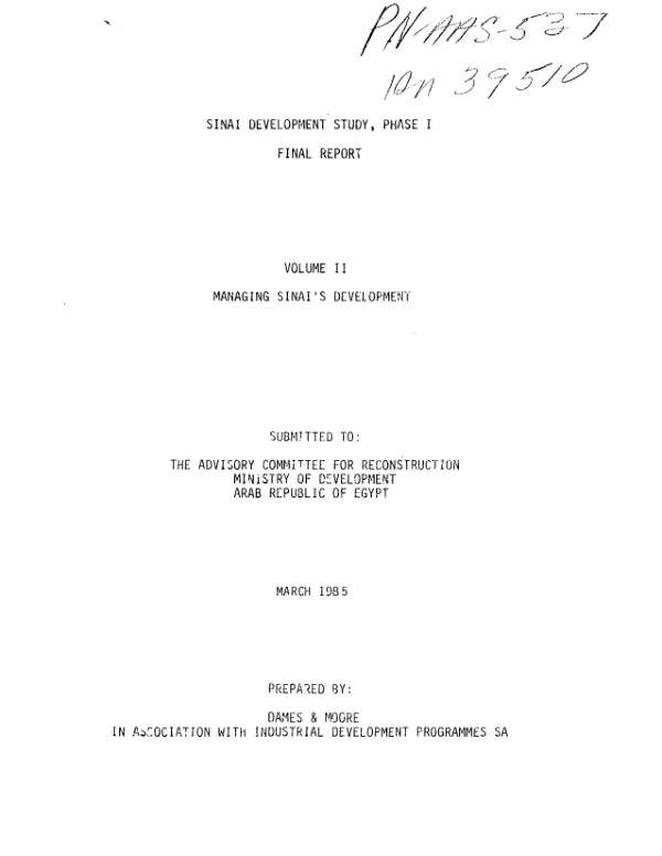 Sinai development study, phase I : final report. Volume II. Managing Sinai"s development