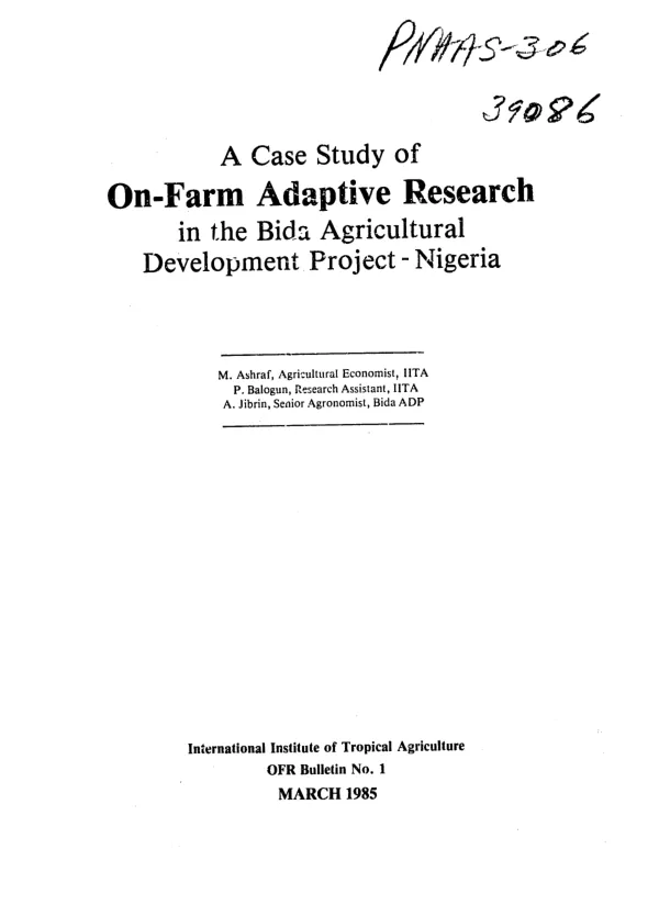 Case study of on-farm adaptive research in the Bida agricultural development project - Nigeria