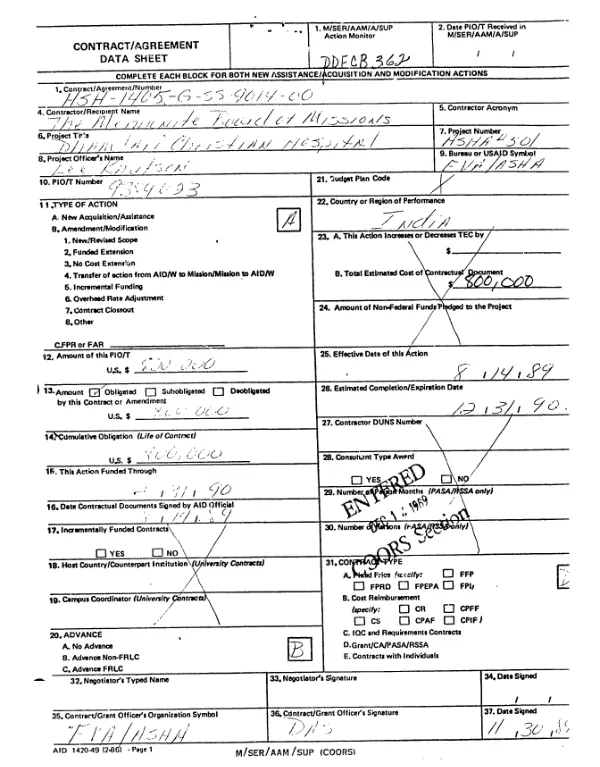 Grant by the United States of America to the Mennonite Board of Missions for Dhamtari Christian Hospital [, India]