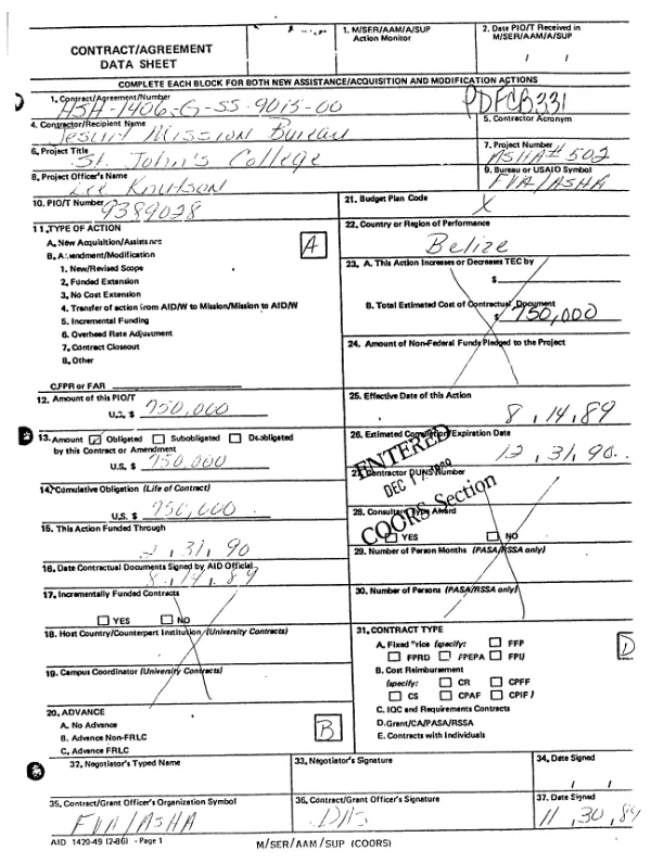 Grant by the United States of America to Jesuit Mission Bureau for St. John"s College [, Belize]