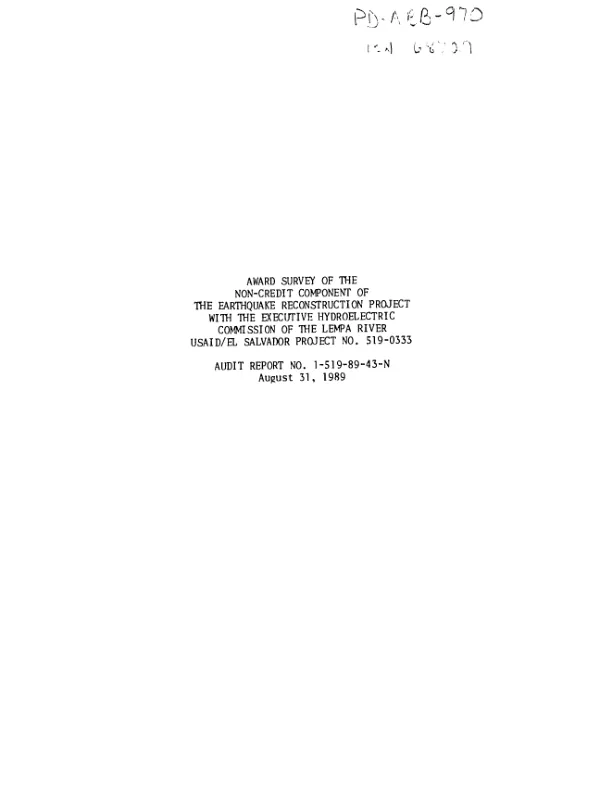 Award survey of the non-credit component of the earthquake reconstruction project with the Executive Hydroelectric Commission of the Lempa River, USAID/El Salvador project no. 519-0333