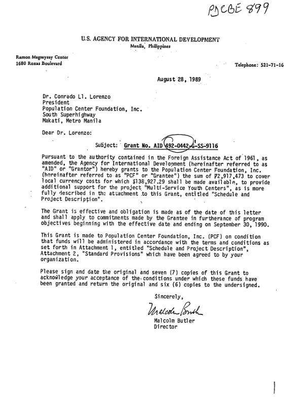 AID grant no. 492-0442-G-SS-9116[-00] to Population Center Foundation, Inc. for the multi-service youth centers project