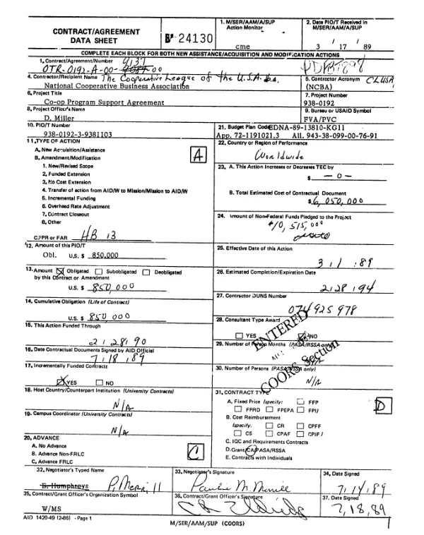 AID cooperative agreement no. OTR-0192-A-00-9137-00 to the Cooperative League of the USA d.b.a. the National Cooperative Business Association (NCBA) to enhance NCBA capabilities to design, develop, and manage cooperative business projects and to create innovative program approaches
