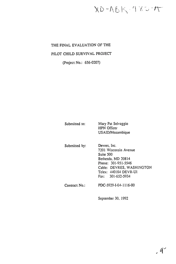Final evaluation of the pilot child survival project (project no. 656-0207)