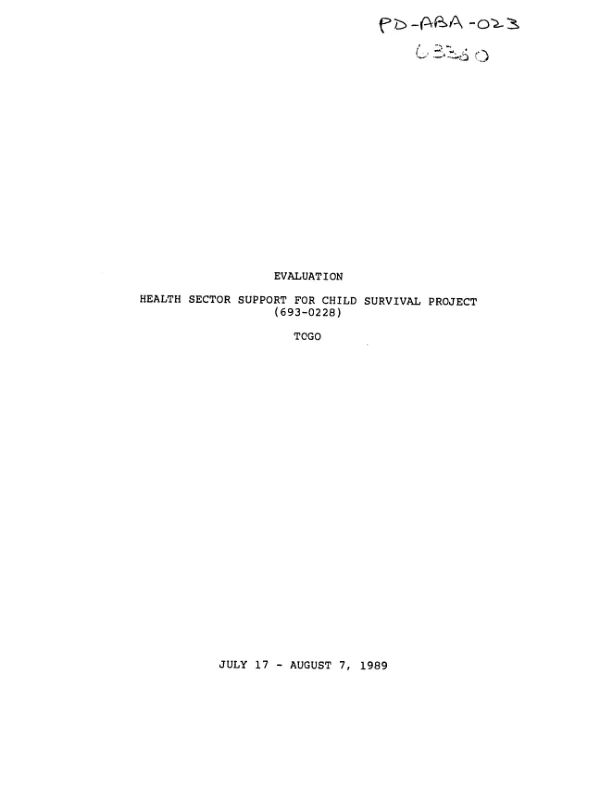 Evaluation of health sector support for child survival project (693-0228) : Togo