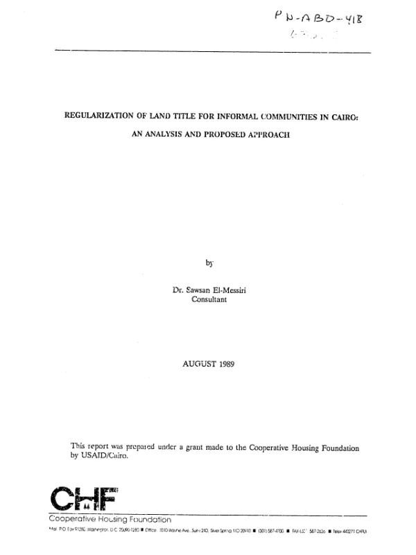 Regularization of land title for informal communities in Cairo : an analysis and proposed approach