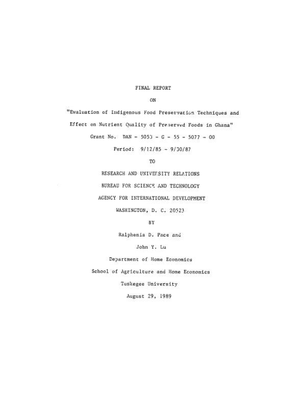 Final report on evaluation of indigenous food preservation techniques and effect on nutrient quality of preserved foods in Ghana