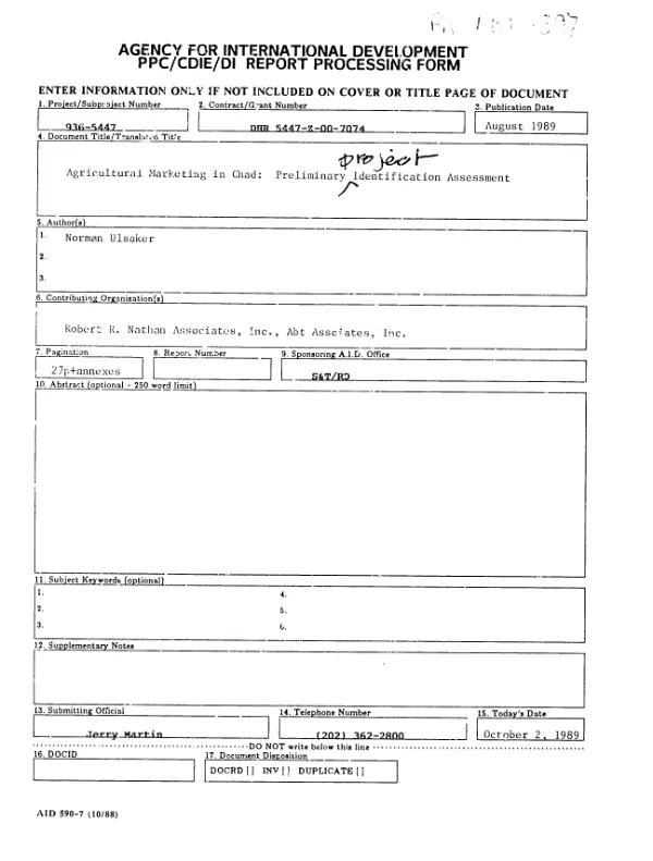 Agricultural marketing in Chad : preliminary project identification assessment