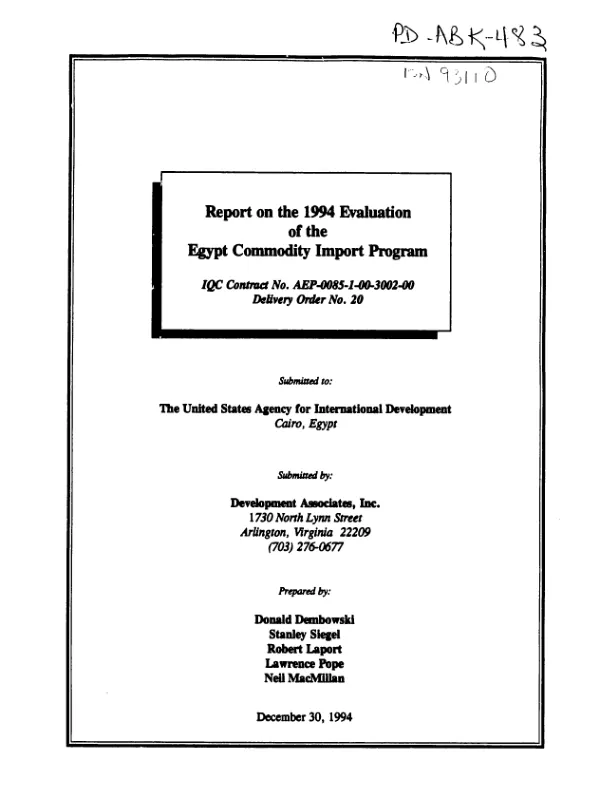 Report on the 1994 evaluation of the Egypt commodity program