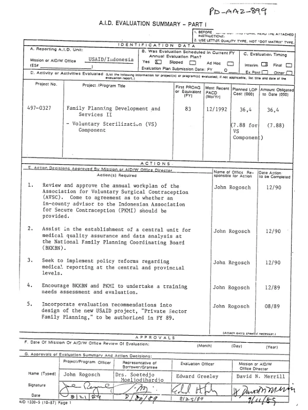 Family planning development and services II : voluntary sterilization (VS) component