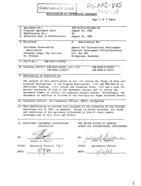 Modification of cooperative agreement no. 538-0169-A-00-6062-03 with the Caribbean Conservation Association