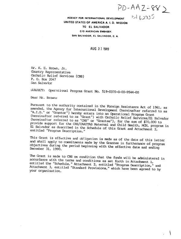 Operational program grant no. 519-0370-G-00-9544-00 to Catholic Relief Services (CRS) to support the CRS/CARITAS maternal and child health (MCH) program in El Salvador