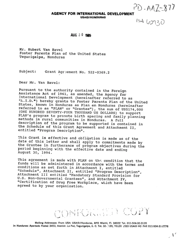 Grant agreement no. 522-0369.2 to Foster Parents Plan of the United States to support a program promoting birth spacing and family planning methods in rural communities in Honduras
