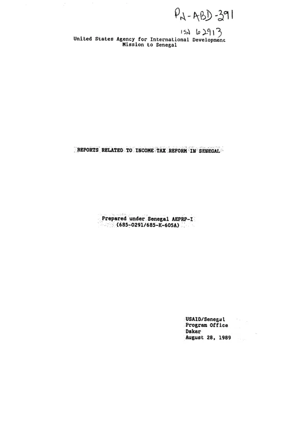 Reports related to income tax reform in Senegal, 1986-1989