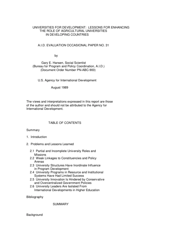Universities for development : lessons for enhancing the role of agricultural universities in developing countries