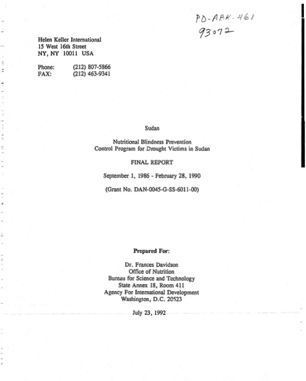Sudan : nutritional blindness prevention control program for drought victims in Sudan -- final report, September 1, 1986-February 28, 1990, (grant no. DAN-0045-G-SS-6011-00)