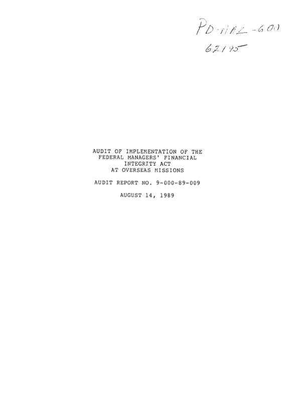 Audit of implementation of the Federal Managers" Financial Integrity Act at overseas missions