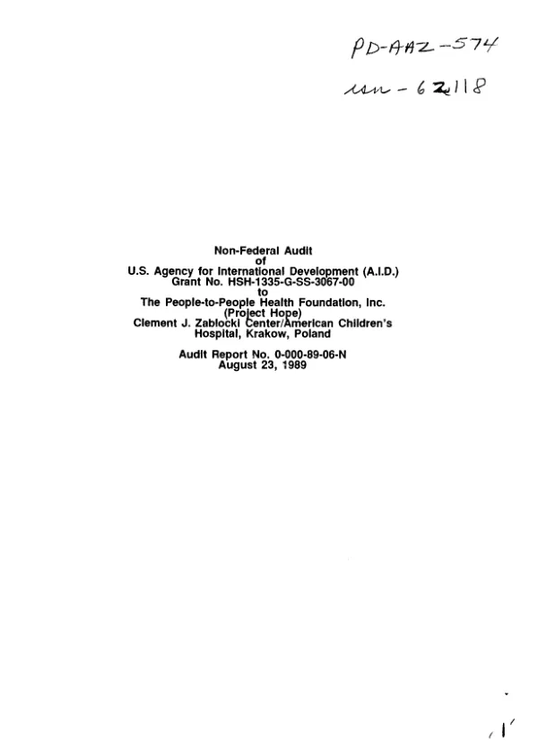 Non-federal audit of US Agency for International Development (AID) grant no. HSH-1335-G-SS-3067-00 to the People-to-People Health Foundation, Inc. (Project HOPE), Clement J. Zablocki Center/America Children"s Hospital, Krakow, Poland