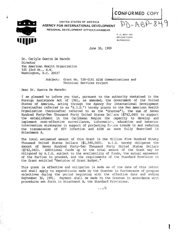 USAID grant no. 538-0161 to the Pan American Health Organization for an AIDS communication and technical services project