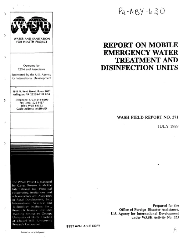 Report on mobile emergency water treatment and disinfection units