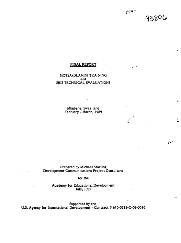 Final report : Motsa/Dlamini training and SBIS [Swaziland Broadcasting Service] technical evaluations