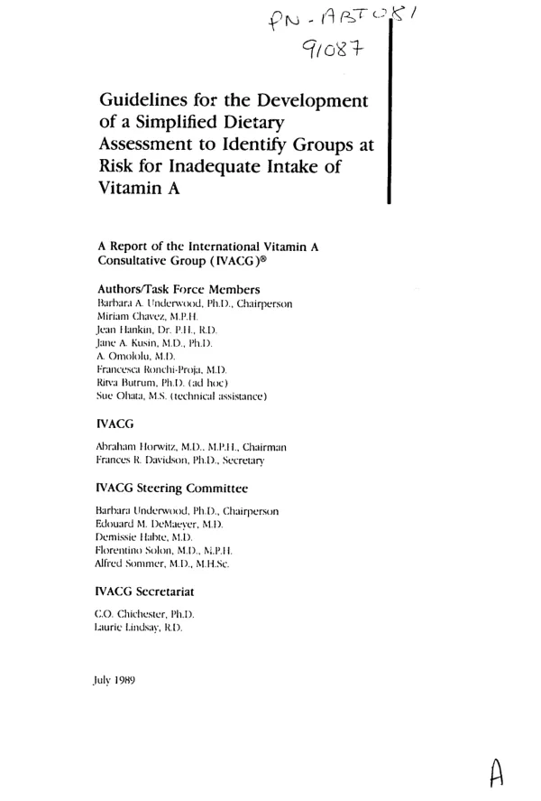 Guidelines for the development of a simplified dietary assessment to identify groups at risk for inadequate intake of vitamin A