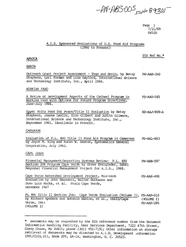 AID sponsored evaluations of US food aid programs, (1980 to present [July 21, 1989])
