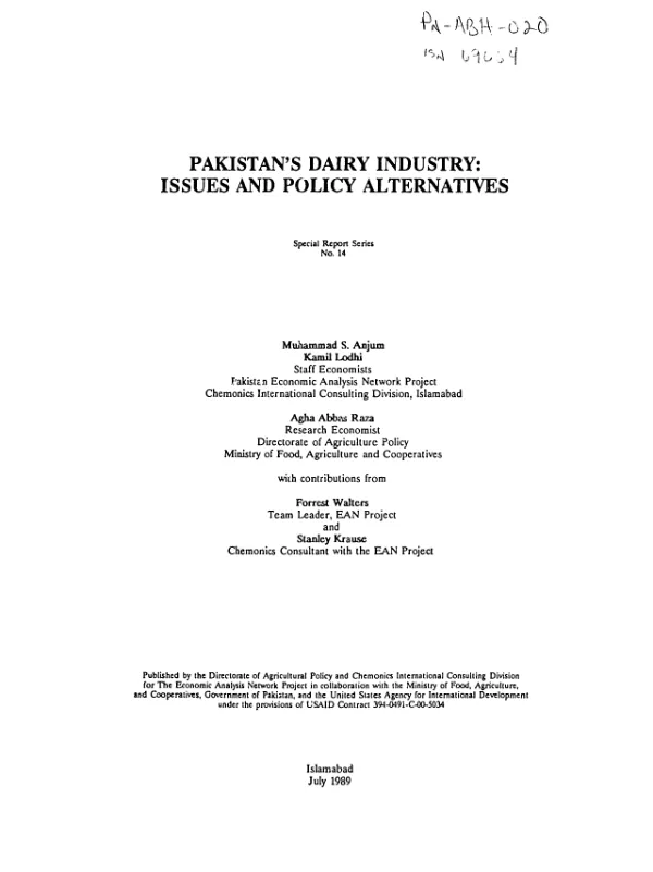 Pakistan"s dairy industry : issues and policy alternatives
