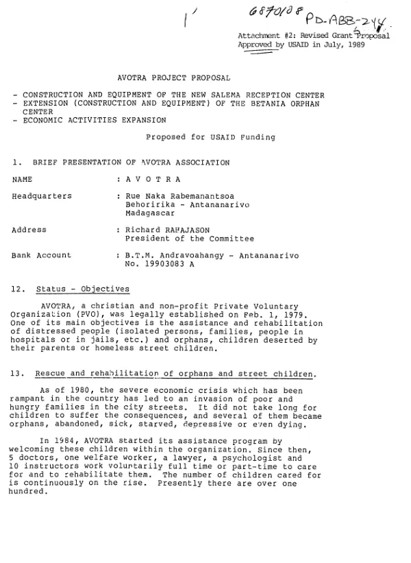 AVOTRA project proposal : attachment no. 2 -- revised grant proposal