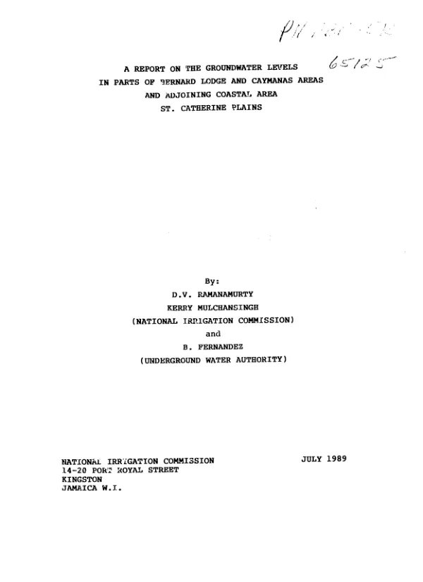 Report on the groundwater levels in parts of Bernard Lodge and Caymanas areas and adjoining coastal area St. Catherine Plains