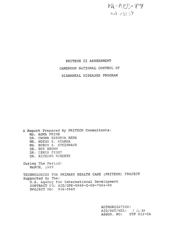 PRITECH II assessment : Cameroon national control of diarrheal diseases program