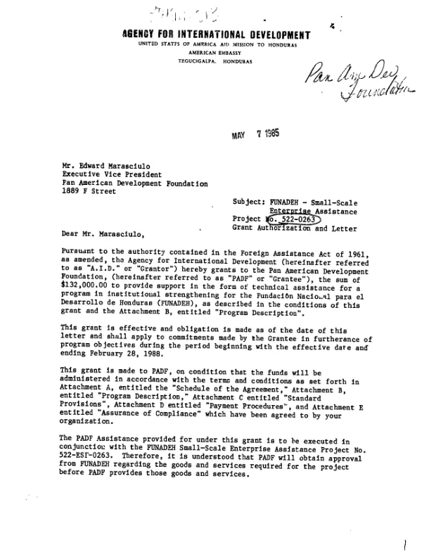 AID letter of understanding strengthening financial markets project to Federation of Private Entrepreneurs of Chuquisaca