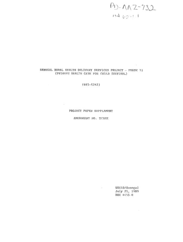 Senegal rural health delivery services project -- phase II (primary health care for child survival), (685-0242) : project paper supplement, amendment no. 3