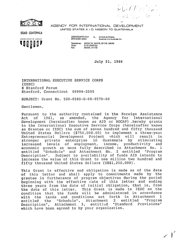 Grant no. 520-0380-G-00-9570-00 to the International Executive Service Corps (IESC) to implement a three-year entrepreneurial development project
