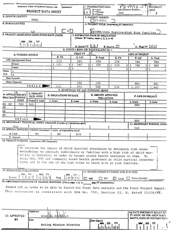 PRISMA/John [i.e. Johns] Hopkins - high risk families : amendment no. 1